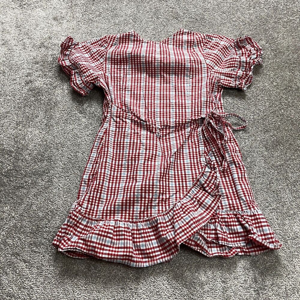 Asos Summer Dress Womens 6 Red Plaid Belted Short Sleeve Knee Length Cotton